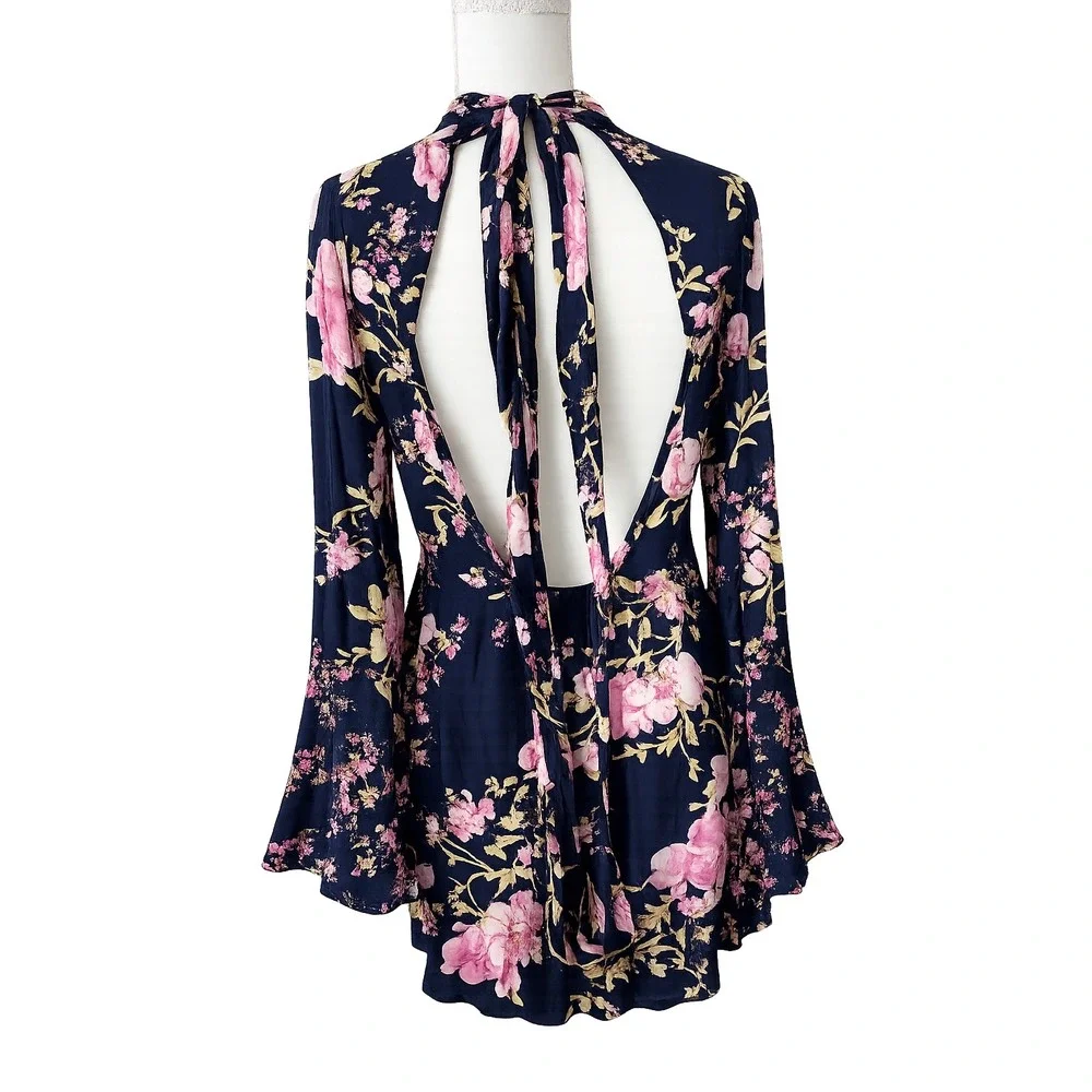 Free People Floral Open Back Mini Dress Navy Blue Bell Sleeve Mock Neck Small